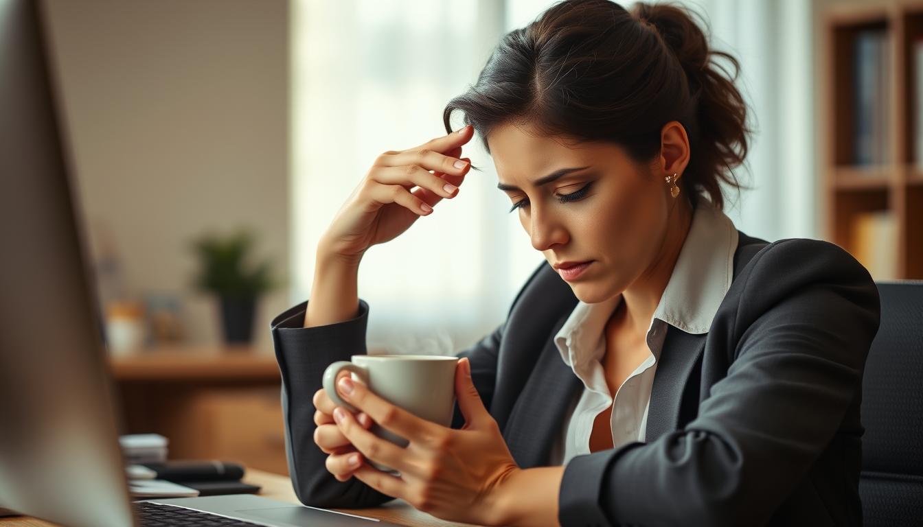 Tired businesswoman rubbing her eyes while holding a coffee cup. We sleep more